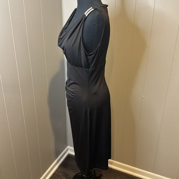 Calvin Klein black ruched draped neck sparkle rhinestone shoulder bar sheath. 8 - Picture 6 of 8